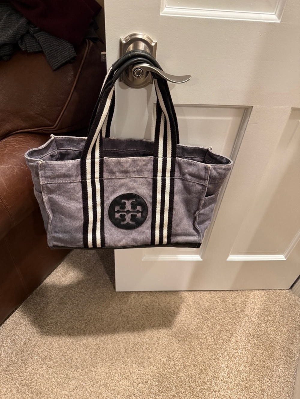 Tory Burch Gray Canvas Tote with Black & Cream Striped Handles